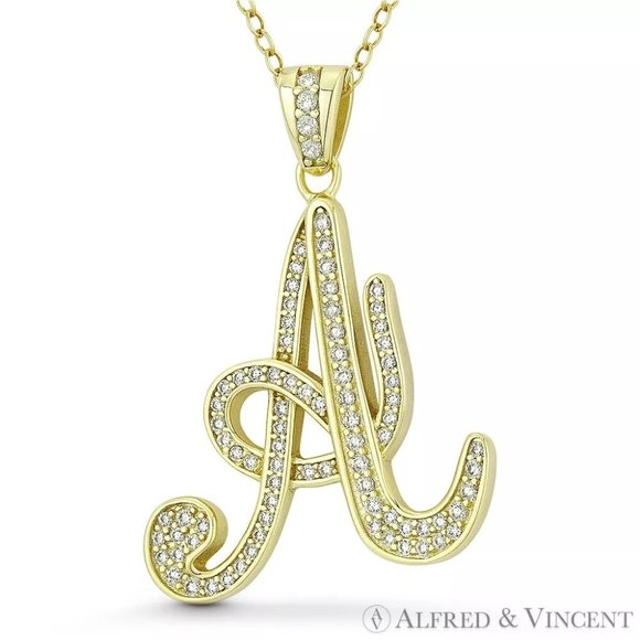 Initial Letter "A" Cursive Script CZ Crystal Pendant in .925 Sterling Silver YG - Picture 1 of 1